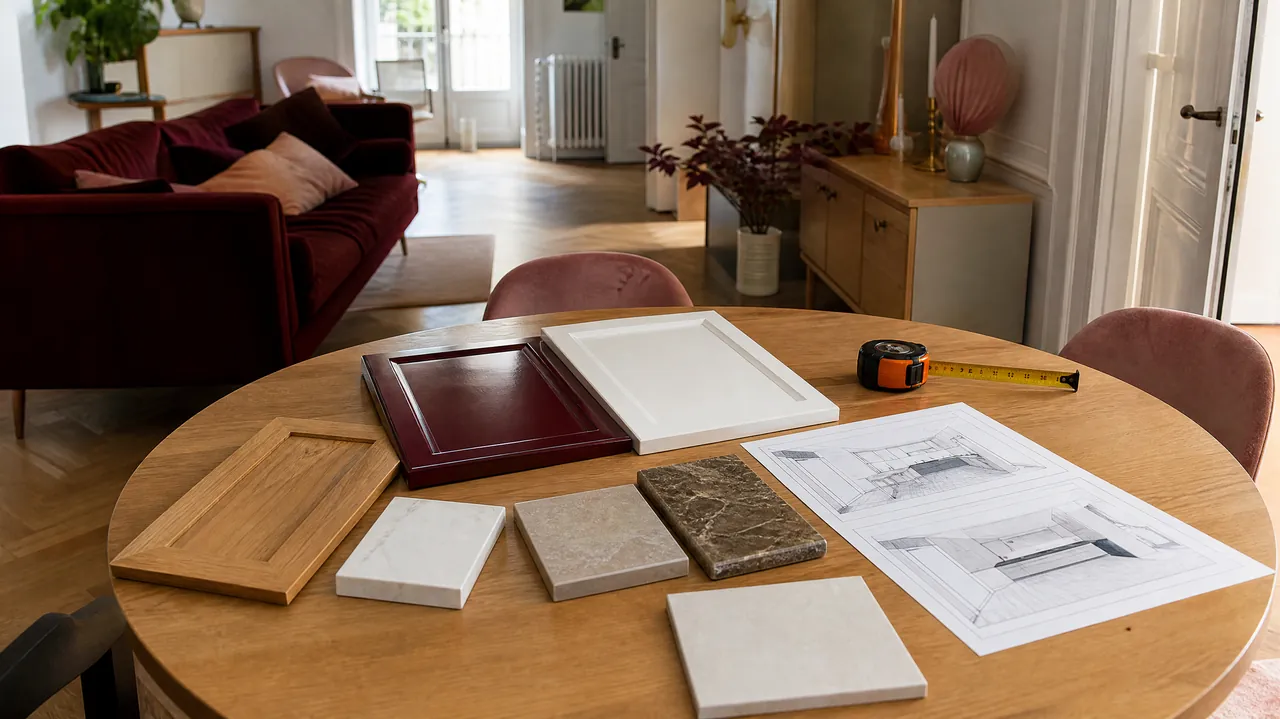 Échantillons de façades et de plans de travail de cuisine comparés sur une table, avec un mètre ruban et des plans