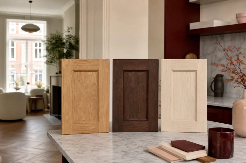 Façades de cuisine en chêne, noyer et frêne côte à côte