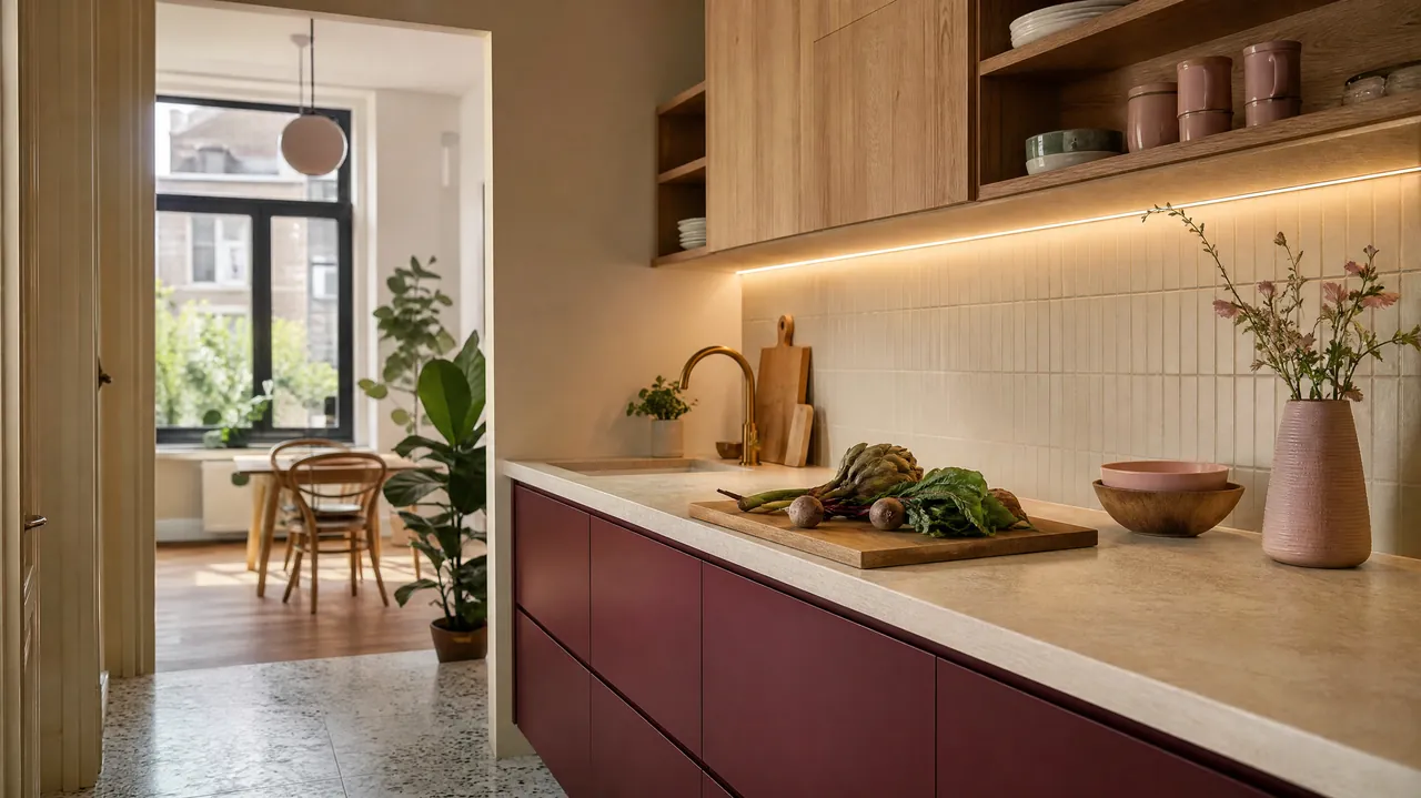 Plan de travail de cuisine sur mesure vu de côté, à hauteur de travail, éclairé sous les meubles hauts