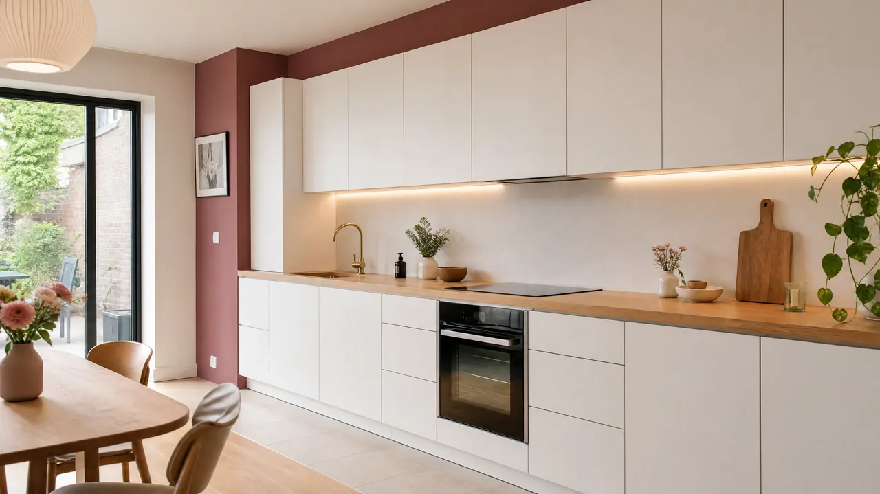Cuisine modulaire blanche avec plan de travail en bois, installée dans une maison belge
