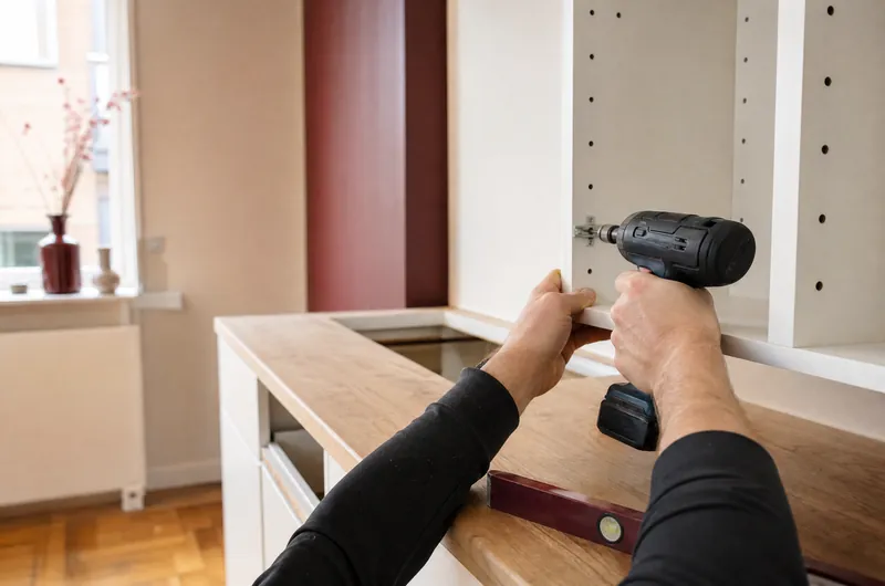 Installateur fixant une armoire murale de cuisine à la visseuse