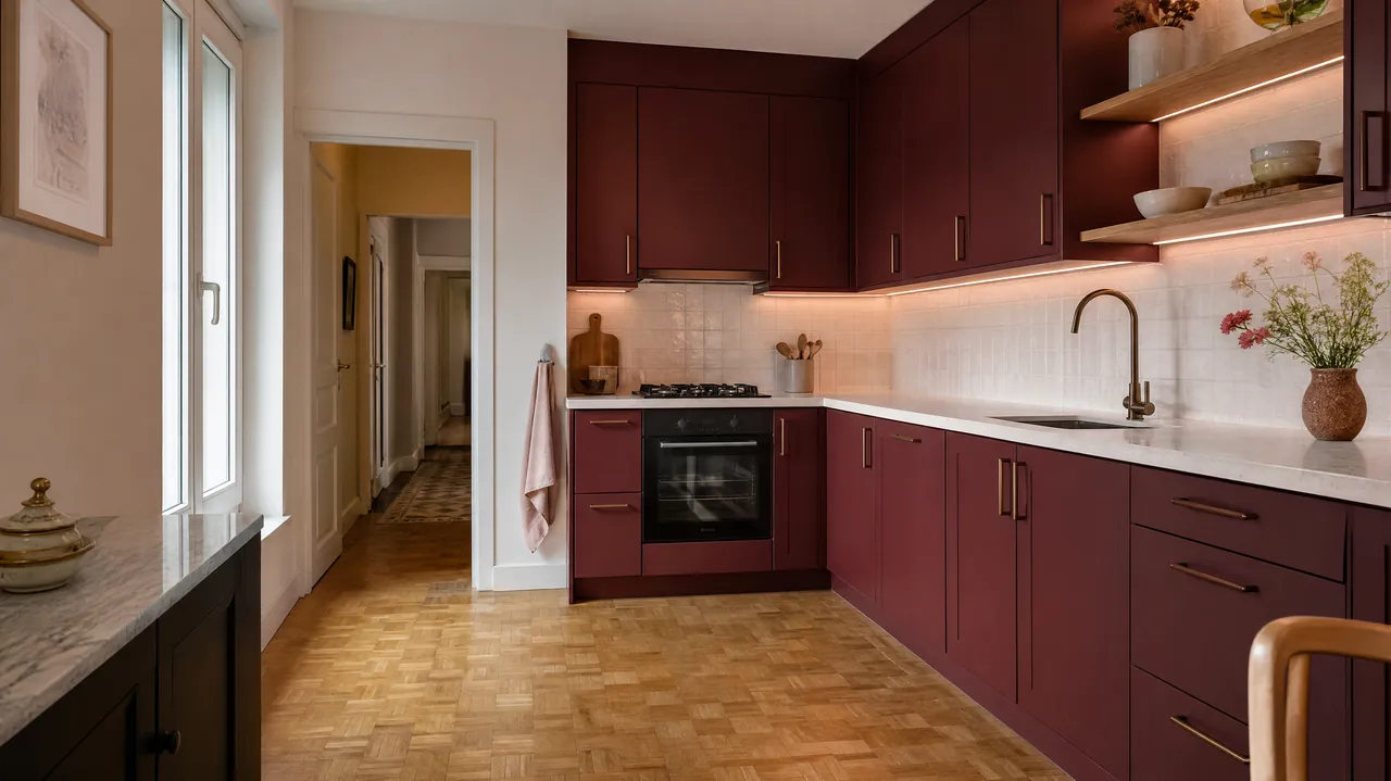 Cuisine rénovée : nouvelles façades bordeaux et nouveau plan de travail sur les caissons existants