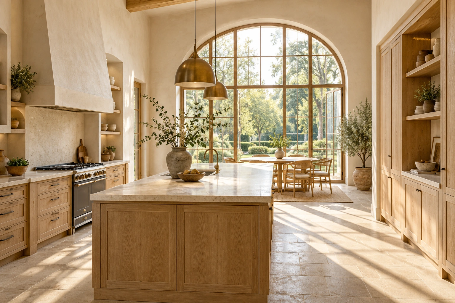 Inspiration : cuisine chaleureuse avec îlot en chêne et fenêtre cintrée